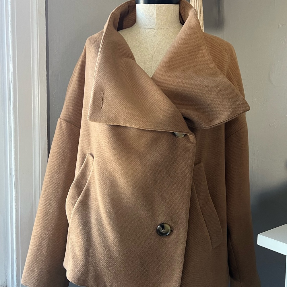 Anthropologie Sascha Asymmetrical Jacket Camel Button Up Coat Womens Large - Picture 3 of 7